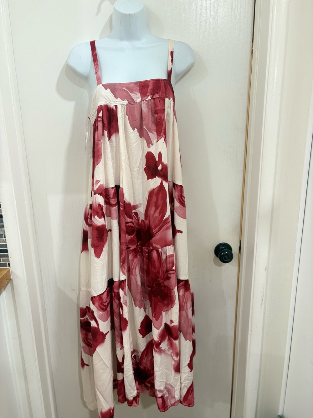 Women's Floral Bohemian flowy beach Tiered Midi Skirt - Red Floral on Cream - Picture 3 of 5